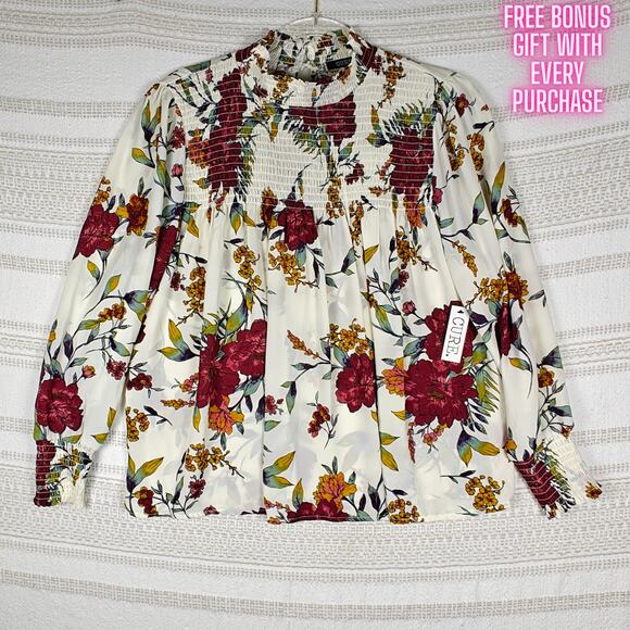 CURE High Neck Floral Long Sleeve Blouse White Red Yellow Size XL NWT - Picture 1 of 8